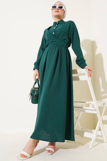 Yarım Düğmeli Önü Çapraz Bağlamalı Elbise Zümrüt - Elbise