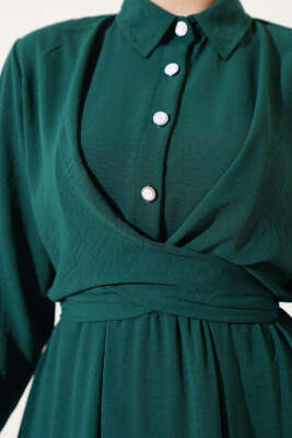 Yarım Düğmeli Önü Çapraz Bağlamalı Elbise Zümrüt - Tesettür Elbise