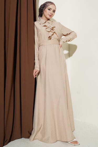 Yarım Düğmeli Önü Fırfırlı Elbise Bej - Elbise