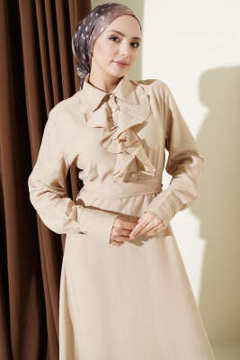 Yarım Düğmeli Önü Fırfırlı Elbise Bej - Elbise