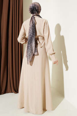 Yarım Düğmeli Önü Fırfırlı Elbise Bej - Elbise