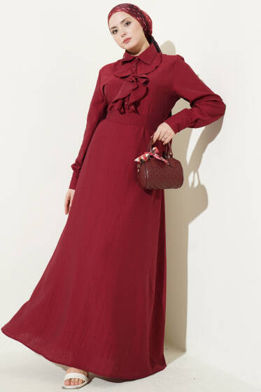 Yarım Düğmeli Önü Fırfırlı Elbise Bordo - Elbise