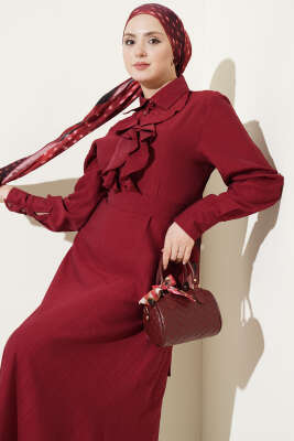 Yarım Düğmeli Önü Fırfırlı Elbise Bordo - Elbise