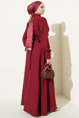 Yarım Düğmeli Önü Fırfırlı Elbise Bordo - Elbise