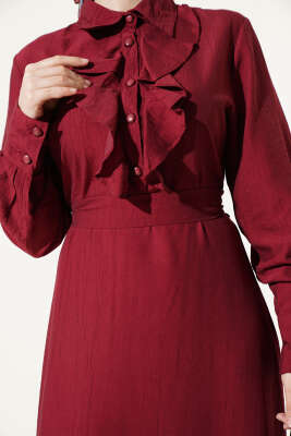 Yarım Düğmeli Önü Fırfırlı Elbise Bordo - Elbise