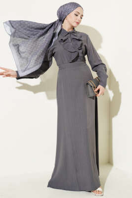 Yarım Düğmeli Önü Fırfırlı Elbise Füme - ASMİN