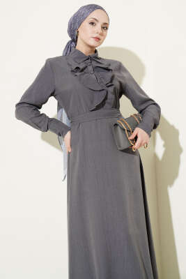 Yarım Düğmeli Önü Fırfırlı Elbise Füme - Elbise