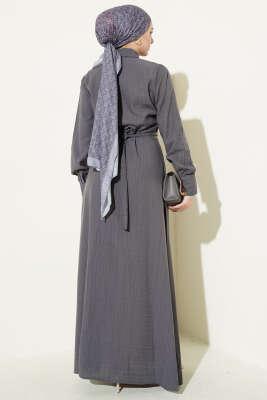 Yarım Düğmeli Önü Fırfırlı Elbise Füme - Elbise