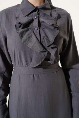 Yarım Düğmeli Önü Fırfırlı Elbise Füme - Elbise