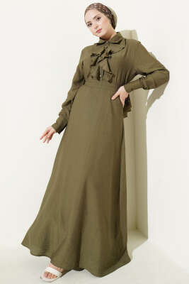 Yarım Düğmeli Önü Fırfırlı Elbise Haki - ASMİN