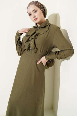 Yarım Düğmeli Önü Fırfırlı Elbise Haki - Elbise