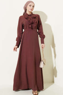 Yarım Düğmeli Önü Fırfırlı Elbise Kahve - ASMİN