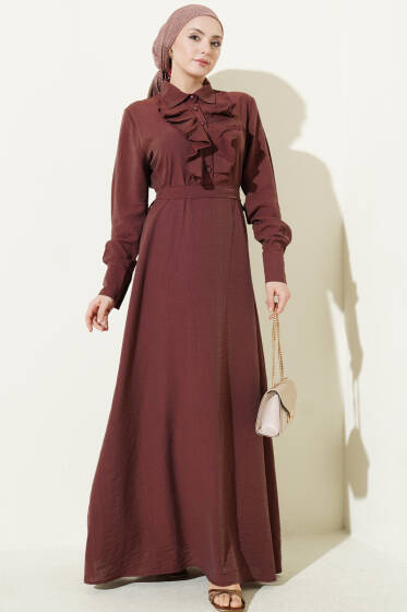 Yarım Düğmeli Önü Fırfırlı Elbise Kahve - Elbise