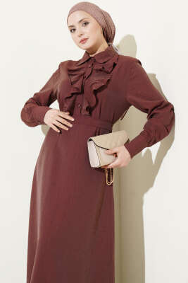 Yarım Düğmeli Önü Fırfırlı Elbise Kahve - Elbise