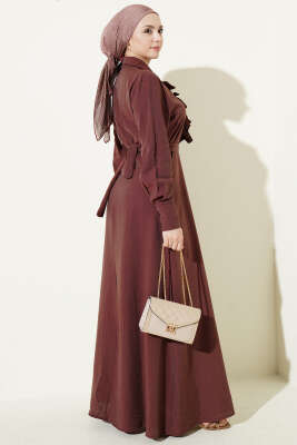 Yarım Düğmeli Önü Fırfırlı Elbise Kahve - Elbise