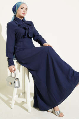 Yarım Düğmeli Önü Fırfırlı Elbise Lacivert - ASMİN