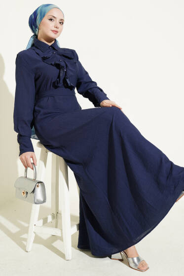 Yarım Düğmeli Önü Fırfırlı Elbise Lacivert - Elbise