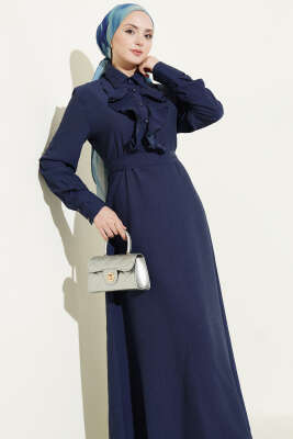 Yarım Düğmeli Önü Fırfırlı Elbise Lacivert - Elbise