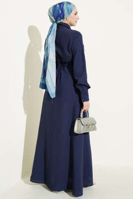 Yarım Düğmeli Önü Fırfırlı Elbise Lacivert - Elbise