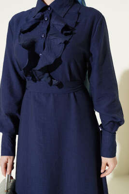 Yarım Düğmeli Önü Fırfırlı Elbise Lacivert - Elbise