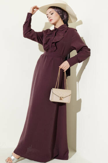 Yarım Düğmeli Önü Fırfırlı Elbise Mürdüm - Elbise