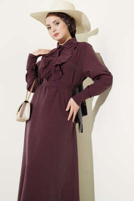 Yarım Düğmeli Önü Fırfırlı Elbise Mürdüm - Elbise