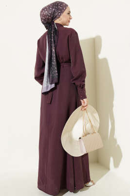 Yarım Düğmeli Önü Fırfırlı Elbise Mürdüm - Elbise