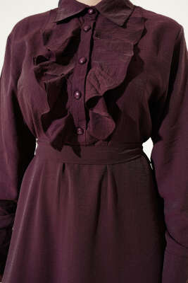 Yarım Düğmeli Önü Fırfırlı Elbise Mürdüm - Elbise