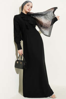 Yarım Düğmeli Önü Fırfırlı Elbise Siyah - ASMİN