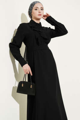 Yarım Düğmeli Önü Fırfırlı Elbise Siyah - Elbise