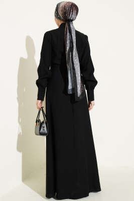 Yarım Düğmeli Önü Fırfırlı Elbise Siyah - Elbise