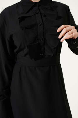 Yarım Düğmeli Önü Fırfırlı Elbise Siyah - Elbise