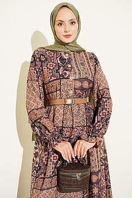 Yarım Düğmeli Otantik Desenli Elbise Camel - Fendel