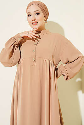 Yarım Düğmeli Oversize Elbise Latte - Fendel