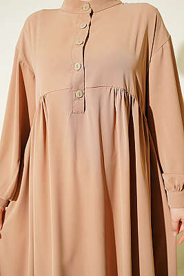 Yarım Düğmeli Oversize Elbise Latte - Fendel