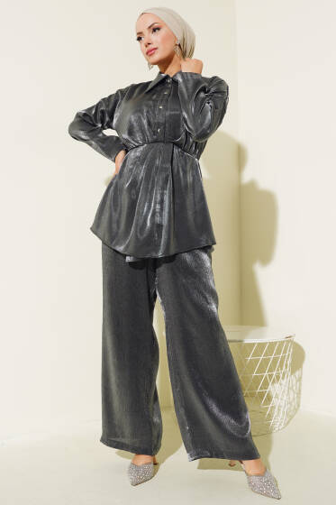 Yarım Düğmeli Parlak İkili Takım Antrasit - İkili Takım
