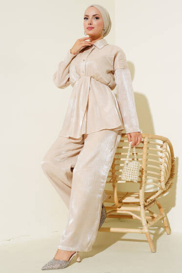 Yarım Düğmeli Parlak İkili Takım Bej - İkili Takım