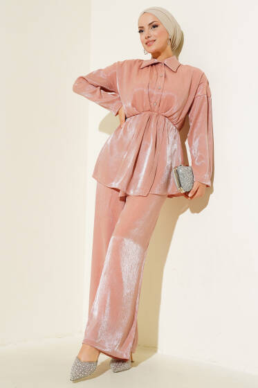 Yarım Düğmeli Parlak İkili Takım Pudra - İkili Takım