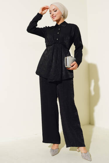 Yarım Düğmeli Parlak İkili Takım Siyah - İkili Takım
