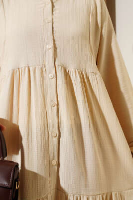 Yarım Düğmeli Patlı Kat Elbise Bej - Tesettür Elbise