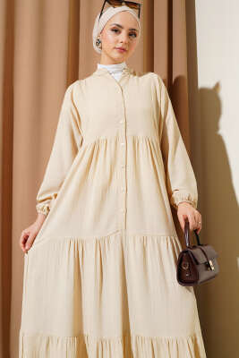 Yarım Düğmeli Patlı Kat Elbise Bej - Tesettür Elbise