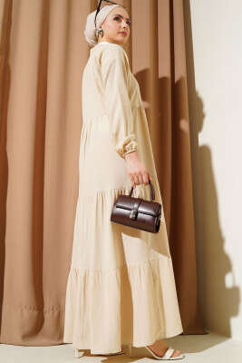Yarım Düğmeli Patlı Kat Elbise Bej - Tesettür Elbise