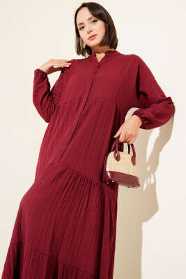 Yarım Düğmeli Patlı Kat Elbise Bordo - Tesettür Elbise