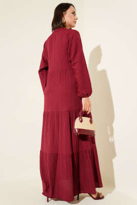 Yarım Düğmeli Patlı Kat Elbise Bordo - Tesettür Elbise