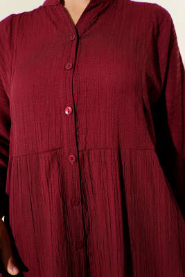 Yarım Düğmeli Patlı Kat Elbise Bordo - Tesettür Elbise