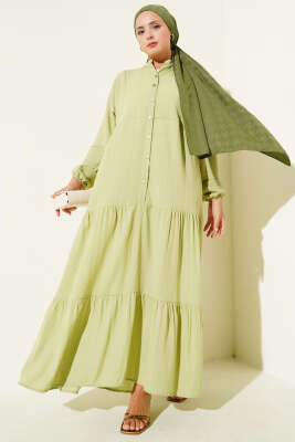 Yarım Düğmeli Patlı Kat Elbise Çağla Yeşili