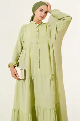 Yarım Düğmeli Patlı Kat Elbise Çağla Yeşili - Tesettür Elbise