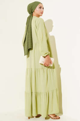 Yarım Düğmeli Patlı Kat Elbise Çağla Yeşili - Tesettür Elbise