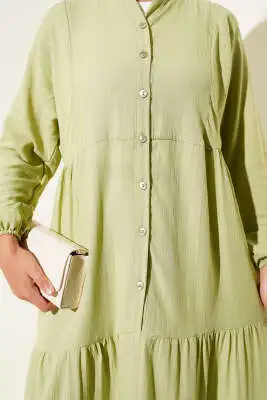 Yarım Düğmeli Patlı Kat Elbise Çağla Yeşili - Tesettür Elbise