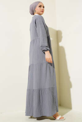Yarım Düğmeli Patlı Kat Elbise Gri - Tesettür Elbise